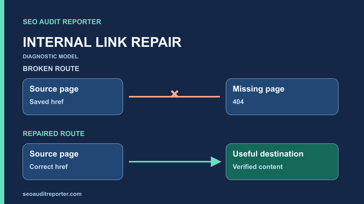A page-to-page link marked with a broken connection beside a repaired route.