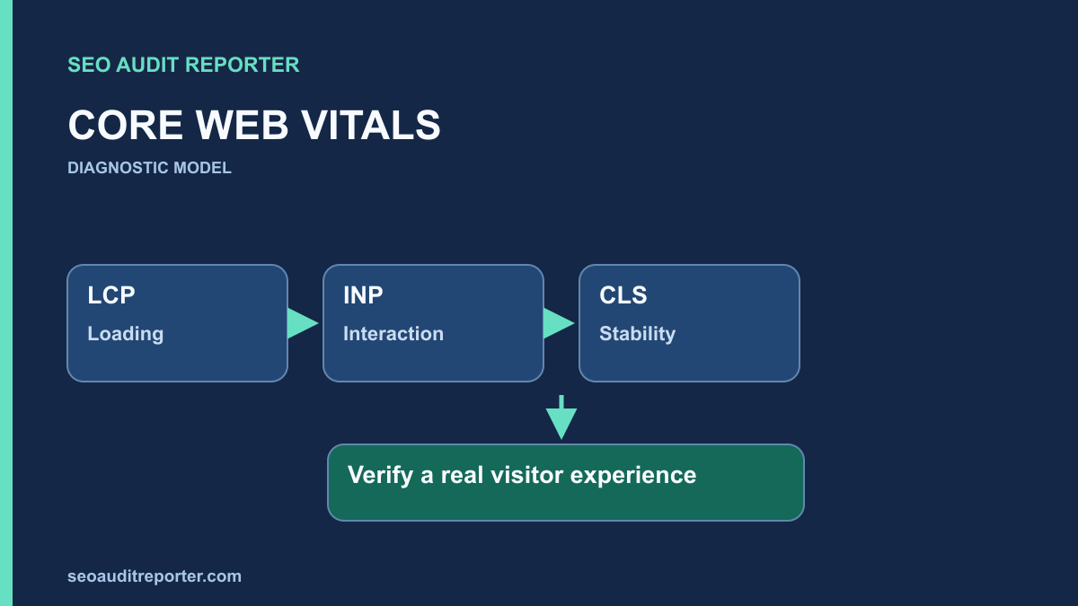 Three diagnostic panels labeled LCP, INP, and CLS connected to a verification step.