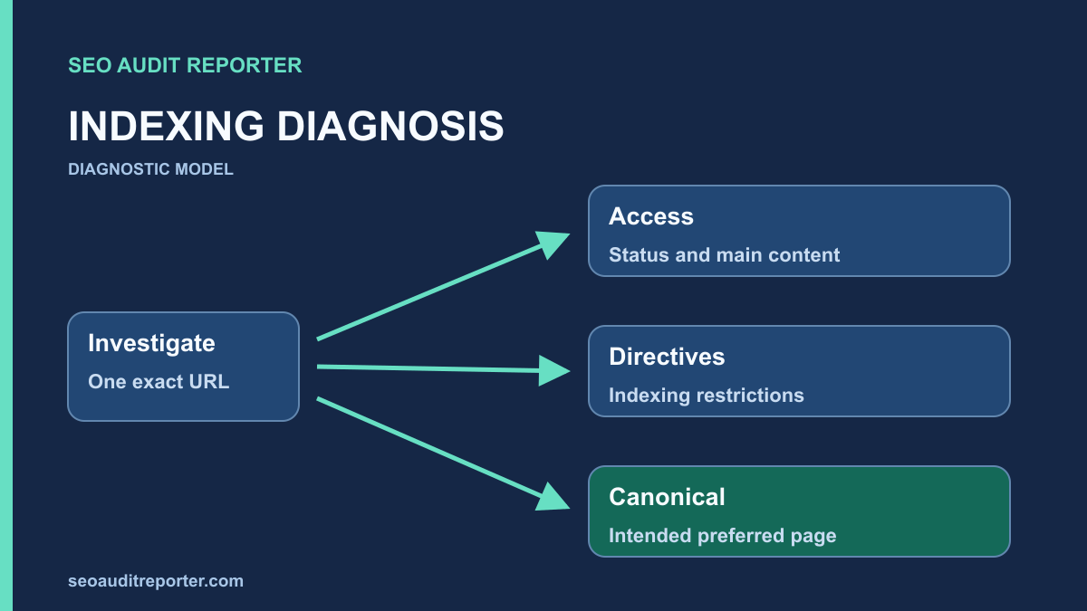 A URL investigation branching into access, indexing directives, and canonical checks.