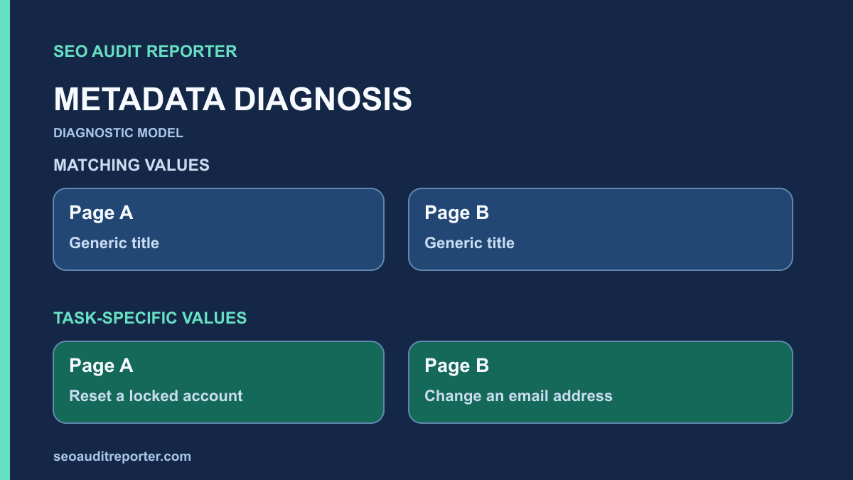 Two page metadata cards with matching titles beside a distinct title for each page.