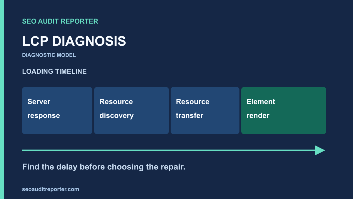 A loading timeline divided into server response, resource discovery, transfer, and rendering.