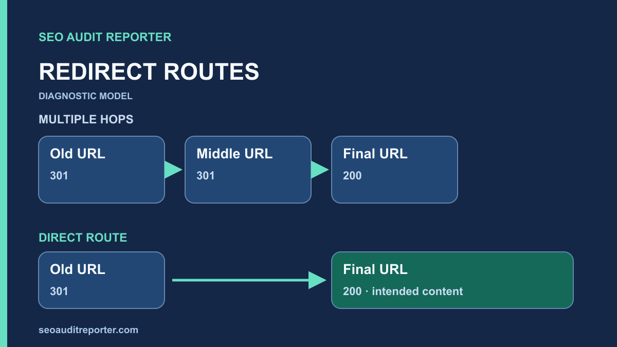 A multi-hop redirect route compared with one direct connection to the final URL.