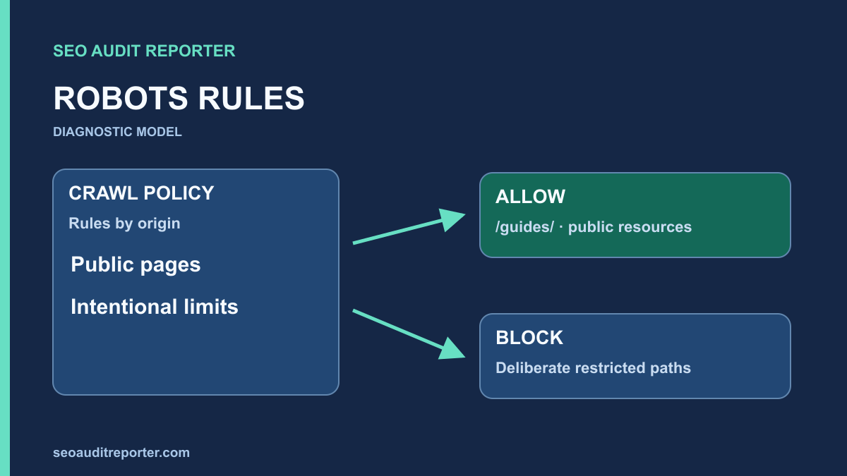 A crawl rules panel separating allowed page paths from deliberately blocked paths.