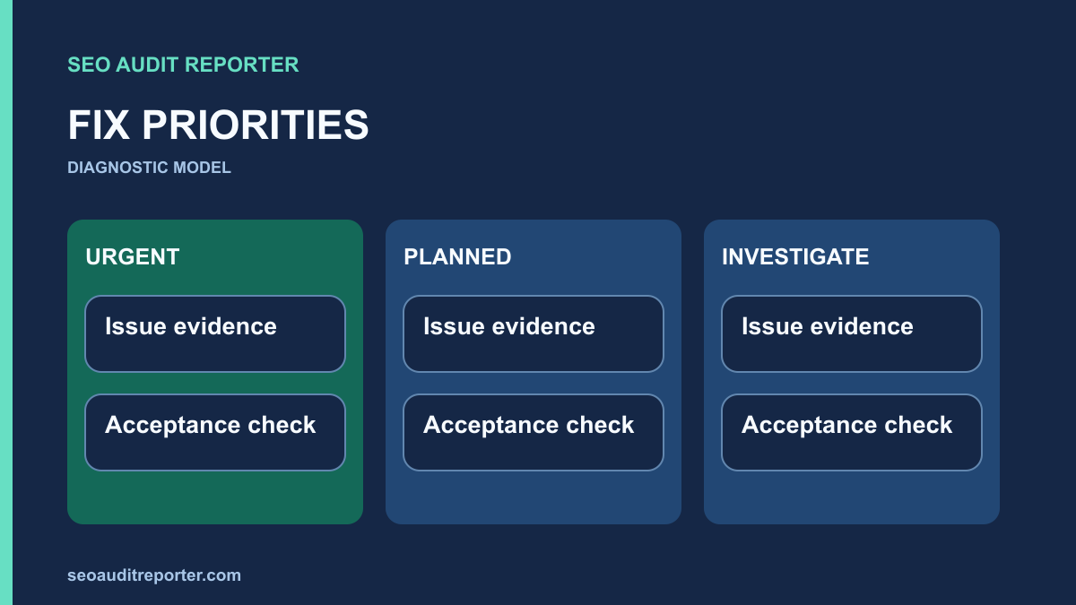 Audit issue cards arranged into urgent, planned, and investigate lanes.