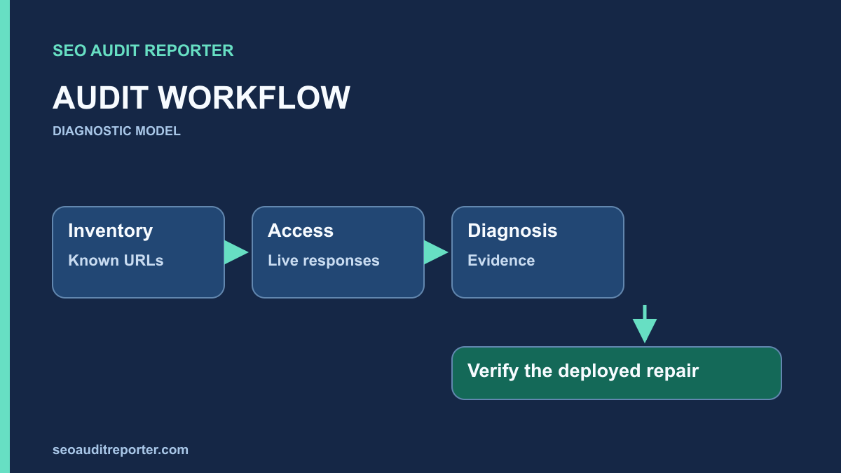 Audit workflow connecting a URL inventory to access checks, diagnosis, and verification.